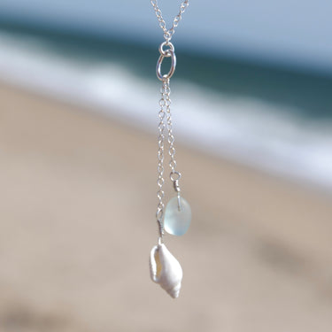 2 Charm Aqua Blue Sea Glass + Seashell Necklace